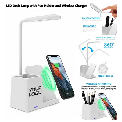 15W Wireless Charging Stand with Pen Holder LED Desk Lamp
