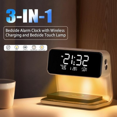 Alarm Clock with Wireless Charging,Bedside Touch Lamp Alarm Clock , Night Light Dimmable LED Display