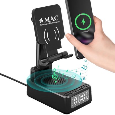 5-in-1 Cell Phone Stand Holder with Wireless Bluetooth Speaker & Wireless Charger,Alarm Clock
